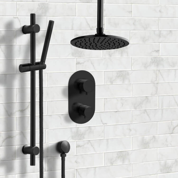 Shower Faucet Matte Black Thermostatic Ceiling Shower System with 8 Inch Rain Shower Head and Hand Shower Remer SFR60